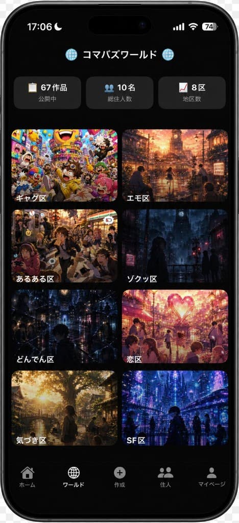 コマバズワールドの8つの地区